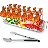 Outamateur Chicken Leg Wing Grill Rack 14 Slots Stainless Steel Roaster Stand BBQ Chicken Drumsticks Rack with Drip Tray and Barbecue Tongs for Picnic or BBQ (BBQ Rack)