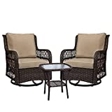 3 Pieces Outdoor Wicker Swivel Rocker Patio Set, IDEALHOUSE 360 Degree Swivel Rocking Chairs Elegant Wicker Patio Bistro Set with Premuim Cushions and Armored Glass Top Side Table for Backyard (Beige)