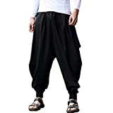 BITLIVE Mens Boho Hippie Baggy Cotton Harem Pants with Pockets (Black)