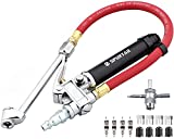 Spurtar 10-120 PSI Heavy Duty Car Tire Inflator Gauge with 4 Way Tool and Valve Cores Automobiles Tire Pressure Gun with 12" Air Hose for Truck Motorcycle Bicycle