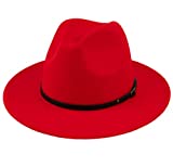 Lanzom Womens Classic Wide Brim Floppy Panama Hat Belt Buckle Wool Fedora Hat (One Size, Red)