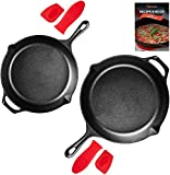 Uno Casa Cast Iron Skillet Set - 2-Piece Set 10 Inch and 12 Inch - Pre-Seasoned Cast Iron Frying Pan - Oven Safe with Silicone Handles and Recipe E-Book