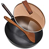 Carbon Steel Wok Pan with Lid & Wood Spatula, Aneder 12.5" Cast Iron Stir Fry Pan with Flat Bottom and Wooden Handle for Electric, Induction and Gas Stoves