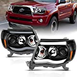 AmeriLite 2005-2011 for Toyota Tacoma Dual LED Tube Black Projector Headlights Assembly Replacement Pair - Driver and Passenger Side