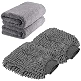 TAGVO Large Size Car Wash Mitt-Premium Chenille Microfiber Wash Glove and Microfiber Towels - Lint Free（2 Towels+2 Mitts）