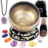 Tibetan Singing Bowl Set - Easy to Play - 7 Chakra Crystal stones with Interchangeable Cage Pendant - Handcrafted in Nepal for Meditation, Mindfulness, Yoga, and Spiritual healing - Energy Cleansing