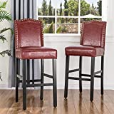 Glitzhome 45" H Bar Stools, Set of 2 Leatherette Bar Chair with Padded Upholstered Seat and Nail Head Studded, Solid Rubberwood Legs for Kitchen Dining Room Side Chairs, Red