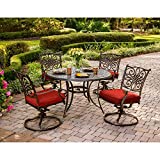 Hanover Traditions 5-Piece Cast Aluminum Outdoor Patio Dining Set, 4 Swivel Rocker Chairs and 48" Round Table, Brushed Bronze Finish with Red Cushions, Rust-Resistant, TRADDN5PCSW-RED
