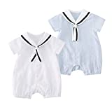 pureborn Infant Baby Boys' 2-Pack Cotton Sailor Collar Romper Short Sleeve Summer Outfit White+Blue 12-24 Months