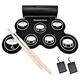 Electronic Drum Set, Roll Up Drum Practice Pad with Headphone Jack Built-In Speaker (DC Powered) Digital Touch 7 Labeled Drum Pads 2 Foot Pedals Up to 10H Playing Time, Holiday Gift for Kids