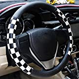 Evankin Microfiber Leather Checker Flag Black & White Car Steering Wheel Cover Non-Slip and Comfortable Unisex Universal 15 inch Car Accessories for Women Men (Lattice White)