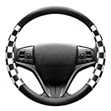 Finex PU Leather Checker Flag Black & White Universal Fit Auto Car Grip Steering Wheel Cover 15 inch Non-Slip Interior Decal Driving Accessories Decoration for Men Women