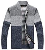chouyatou Men's Classic Band Collar Full Zip Color-Block Stripe Cable Knitted Cardigan Sweater Coat (Medium, Grey)