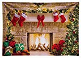 Funnytree 7x5ft Durable Christmas Fireplace Backdrop No Wrinkles Fabric Interior Vintage Xmas Tree Stockings Photography Background Portrait Photobooth Party Banner Decorations Photo Studio Props