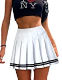 Womens Mini Pleated Skirt High Waisted Skater Tennis Skirts Golf Skort with Shorts School Girl Uniform (Striped White, Medium)