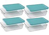 Pyrex Basics Clear Glass Food Storage Dishes, 4 (3-Cup) Oblong Dishes with Turquoise Plastic Lids