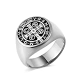 HZMAN Men St Benedict Exorcism Ring Stainless Steel Catholic Roman Cross Demon Protection Ghost Hunter Ring (Silver, 6)