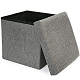 LotFancy Storage Ottoman Cube, Folding Ottoman Seat, Square Ottoman with Lid for Foot Stools and Footrest, Linen Fabric Box Bin for Kids, 12x12x11.4'', Grey