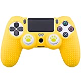 MXRC Silicone Rubber Cover Skin Case x 1 Anti-Slip Studded Dots Customize for PS4/SLIM/PRO Controller x 1(Yellow) + Cat Paw Thumb Grips x 2