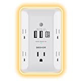 USB Wall Charger, Surge Protector with Night Light, 5 Outlet Extender with 3 USB Ports (1 USB C Port) BESHON 1800J 3 Sided Power Strip Multi Plug Outlets Wall Adapter with Spaced Outlets, ETL Listed