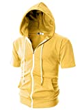 Ohoo Mens Slim Fit Short Sleeve Lightweight Zip-up Hoodie With Kanga Pocket/DCF007-YELLOW-L