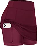 Tennis Skirt for Girls Double Layered Active Skort Ladies Light Weight Golf Skirts and Skorts with Fitness Shorts Women Flexible Waist Flattering Tennis Clothes Wine XS