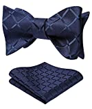 HISDERN Men's Check Plaid Bowtie Formal Tuxedo Self-Tie Bow Tie and Pocket Square Set,K822 Navy Blue,One Size