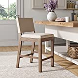 Nathan James 21501 Linus Modern Upholstered Counter Height Bar Stool with Back and Solid Rubberwood Legs in a Wire-Brushed Gray Finish, Natural Flax/Brown