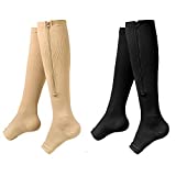 bropite Zipper Compression Socks Women & Men - 2Pairs Calf Knee High 15-20mmHg Open Toe Compression Stocking suit for Walking,Running
