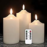 GenSwin Flickering Flameless Candles, Waterproof LED Candles with Remote and Timer,Battery Operated Pillar 3D Wick Candles for Indoor Outdoor Lanterns, Wont melt, Long-Lasting(White, Set of 3)