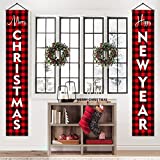 Outdoor Christmas Decorations for Home - Christmas in July - Modern Farmhouse Decor - MERRY CHRISTMAS HAPPY NEW YEAR Red Buffalo Check Plaid Porch Signs - Rustic Xmas Banners for Indoor Outside Front Door Living Room Kitchen Wall Party