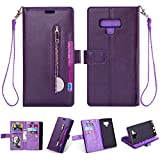 FLYEE Case Compatible with Galaxy Note 9 (6.4 inch,Released in 2018),Wallet Case for Women and Girls with Card Holder,10 Card Slots Premium Leather Zipper case Kickstand Strap-Embossed Flowers Purple