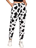 Romwe Women's Cow Print Sweatpants Elastic High Waist Jogger Pants with Pocket White-Cow Print S