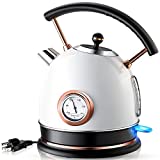 Pukomc Retro Electric Kettle Stainless Steel 1.8L Tea Kettle, Hot Water Boiler with Thermometer, Led Light, Fast Boiling, Auto Shut-Off&Boil-Dry Protection (White)