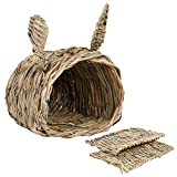 KISSTAKER Rabbits House with 2pcs Bedding Mat, Bunny Hideaway Hand Woven Grass Hideout,Comfortable Chew Toys Playhouse for Guinea Pigs,Chinchilla,Small Animals