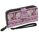Bohemian Purse Wallet Canvas Elephant Pattern Handbag with Coin Pocket and Strap (Purple, Large)