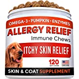 Allergy Relief Dog Treats w/Omega 3 + Pumpkin + Enzymes + Turmeric - Itchy Skin Relief - Immune & Digestive Supplement - Skin & Coat Health - Anti-Itch & Hot Spots -Made in USA - Chicken Flavor Chews