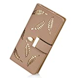 Women's Long Leaf Bifold Wallet Leather Card Holder Purse Zipper Buckle Elegant Clutch Wallet Handbag, Khaki, One Size