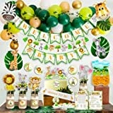 VANYUC Jungle Theme Safari Baby Shower Decorations - Green Balloon Garland Arch Backdrop, Banner Animal Centerpieces Tropical Leaves Sash Cake Topper Guestbook Games Neutral Party Supplies Boy or Girl