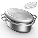 Mr Captain Roasting Pan with Rack and Lid 12 Quart,18/10 Stainless Steel Multi-Use Oval Turkey Roaster, Induction Compatible Dishwasher/Oven Safe Roaster,17 Inch