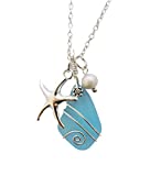 Handmade in Hawaii, Wire Wrapped Turquoise Bay blue sea glass necklace, Starfish charm, freshwater pearl, (Hawaii Gift Wrapped, Mother's Day Gift)