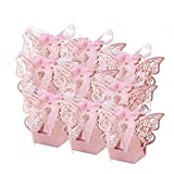 EBTOYS 50pcs Laser Cut Wedding Favors Candy Boxes Butterfly DIY Gifts Box with Ribbons for Wedding Bridal Birthday Shower Party Decors (Pink)