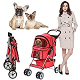 MeetPerfect 4 Wheels Travel Stroller Pet Stroller Dog Cat Pushchair Trolley Puppy Jogger Folding Carrier Carriage with Storage Basket for Small Medium Dogs & Cats 1 Pack- Red