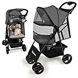 Pet Strollers for Cats and Dogs - 4 Wheels Wonfuss Pet Gear Travel Carriage Pushchair for Medium Small Dog Cat with Mesh Window, One-Click Fold, Safety Belt, Storage Basket, Cup Holder