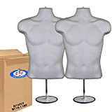 2-Pack Male Mannequin Torso, Dress Form Hollow Back Body Tshirt Display, w/Stand for Counter by EZ-Mannequins for Craft Shows, Photos or Design, Easy to Assemble and Store, S-M Clothing Sizes, White.