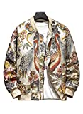 HOOD CREW Men’s Crane Embroidery Stand Collar Zipper Casual Hip hop Stylish Floral Varsity Bomber Jacket XXL