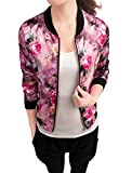 Allegra K Women's Stand Collar Zip Up Floral Prints Bomber Jacket Medium Fuchsia