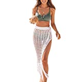 Women Sexy Hollow Out Mesh Tassle Skirts Beach Cover Up Summer Fish Net Swimsuit Wrap Sheer Maxi Sarong Swimwear (A-White, Large)