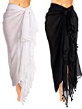 2 Pieces Women Beach Batik Long Sarong Swimsuit Cover up Wrap Pareo with Tassel for Women Girls (Black, White,43 x 71 Inch)