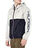 Tommy Hilfiger Men's Lightweight Active Water Resistant Hooded Rain Jacket, Ice/Navy Colorblock, Medium